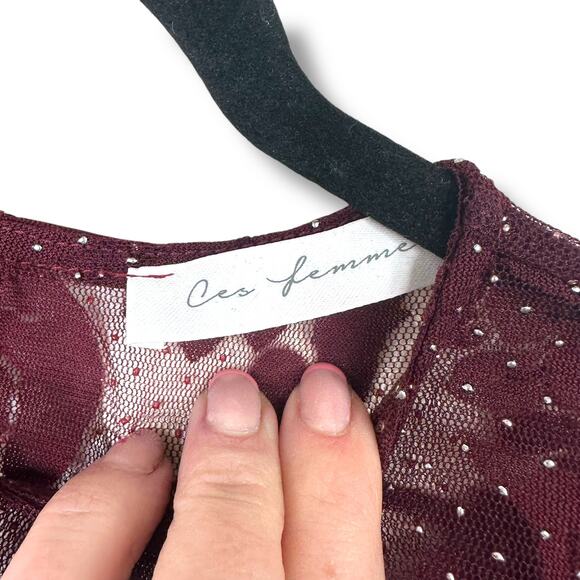 Ces Femme Boutique New Burgundy Red Floral Lace Mesh Rhinestone Bodysuit Small - Picture 6 of 9